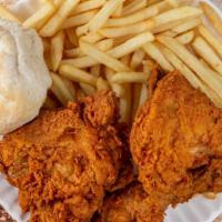 Three Piece Chicken Tender Combo · Served with fries and soda.
