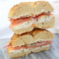 Bagel With Cream Cheese & Lox · Onion, capers and tomatoes extra.