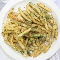 Garlic Parmesan Fries · Our thick cut French fries tossed in our own garlic herb and parmesan topping. Guaranteed fl...