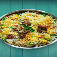 Goat Dum Biryani · goat, yogurt, herbs, and spices and then cooked with rice over a low flame.