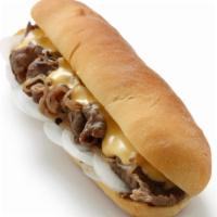 Philly Cheesesteak · Tender steak, melted gooey cheese, and onions hugged by a toasted butter roll.