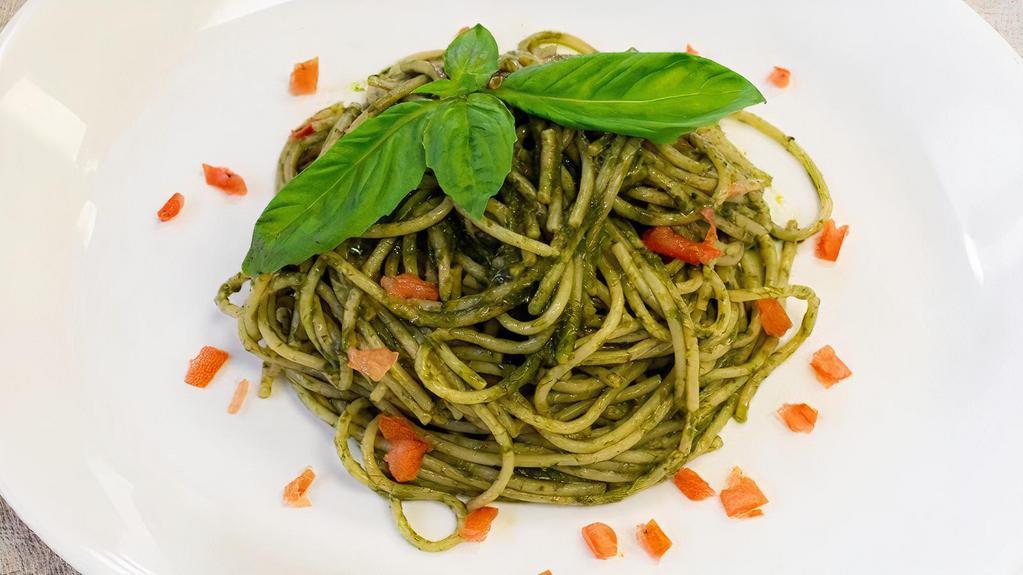 Spaghetti Al Pesto · Basil, garlic and pine nuts.