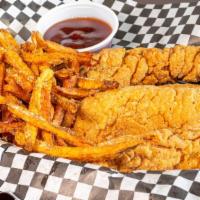 Homestyle Chicken Tenders & Fries · Three fresh strips of hand-breaded chicken breast deep fried to perfection, served with frie...