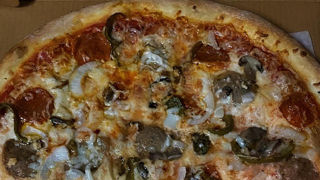 Supreme Pizza · Pepperoni, Italian sauce, green peppers, mushrooms, onions, and fresh garlic.