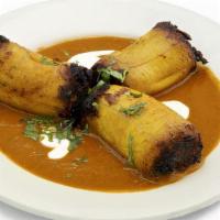 Platanos Rellenos · ripe plantain rounds stuffed w/ chicken, chipotle tomato, crema