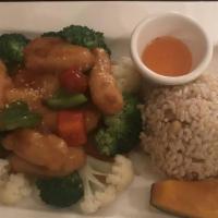 Sweet & Sour Sesame Soy Protein · Served with broccoli, cauliflower, pineapple, and peppers. Served with brown rice.
