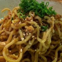 Garlic Noodles · Iwamoto noodles, crispy garlic chips, green onion, spicy sesame soy.