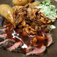 Flat Iron Steak · Chimichurri, spicy boiled potatoes, creamy kale slaw, kimchi mushroom.