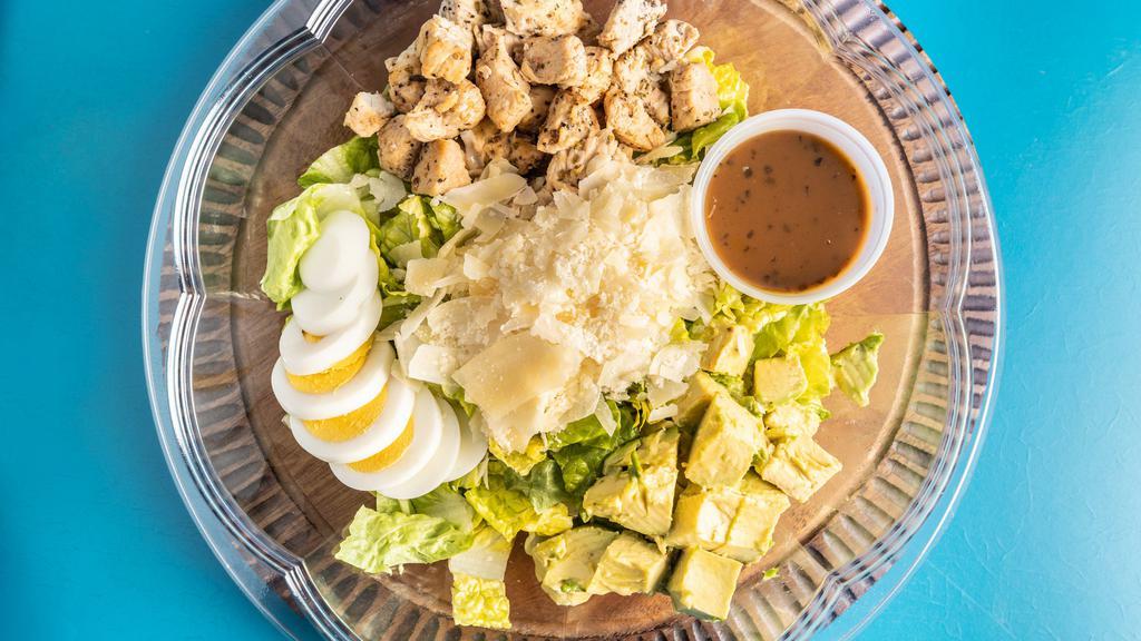 Perfect Keto · Romaine, roasted chicken, avocado, cage free egg, shaved parmesan.