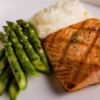 Salmon · grilled with mashed potato. choice of grilled asparagus or steamed broccoli. garlic butter s...