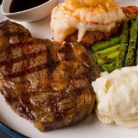 Rib Eye Steak (10Oz) · grilled with mashed potato. choice of grilled asparagus or steamed broccoli. teriyaki sauce