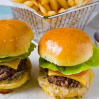Beef Sliders ( 2Sliders) · romaine, cheddar cheese. tomato, pickles, dijon, remoulade & sweet aioli.  (Add fries to you...