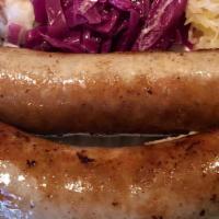Bratwurst · Classic Wurst, Pan Fried, Served with Potato Salad, Sauerkraut, Red Cabbage. Bettola Mustard