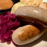 Combo Wurst · Bratwurst, Weisswurst, Potato Salad, Red Cabbage, Sauerkraut, Bettola Mustard