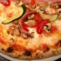Quattro Stagioni · Fresh Mozzarella, Tomato Sauce, Roasted Red Peppers, Ham, Zucchini, Mushrooms