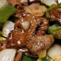 L 3. Pepper Steak With Onion · Stir fried steak with vegetables and a savory sauce.