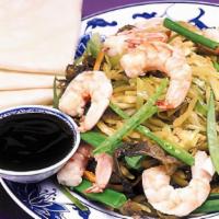 Moo Shu Shrimp (Large) · Served with five pancakes.