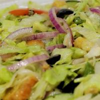 Garden Salad · Lettuce, tomatoes, onions, green peppers, cucumbers, croutons, and black olives.