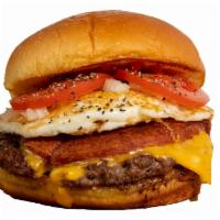 Rise N'Shine · Premium Beef Patty, Sliced Taylor ham, fried egg, onions, tomatoes, American cheese, house s...
