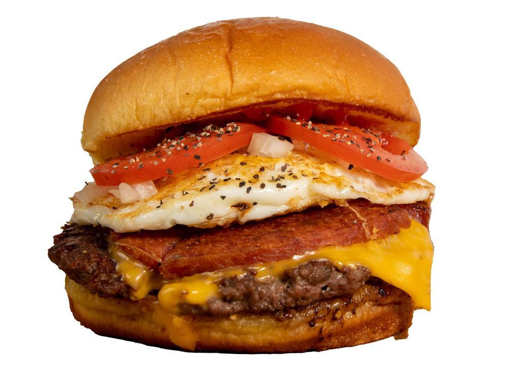 Rise N'Shine · Premium Beef Patty, Sliced Taylor ham, fried egg, onions, tomatoes, American cheese, house sauce on a  potato bun.