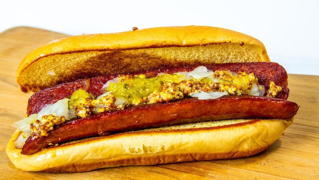 Griddle Dog · Hot dog with onions, relish and mustard.