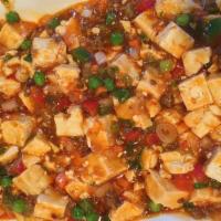 Mapo Tofu Bap / 마파두부밥 · Stir-fried bean curd in spicy sauce over rice with beef.