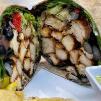 Southwest Chicken  Shack Wrap · Blackened chicken, black bean corn salsa, tomato and mixed greens with cilantro lime dressin...