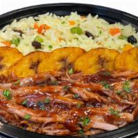 Pulled Pork Bbq Bowl  · Pulled pork BBQ sautéed whit fried plantains served with Greek rice 24 oz