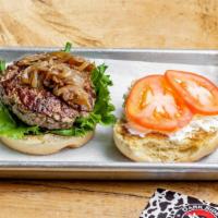 Lamburghini Burger · Ground lamb blended with fresh mint, parsley and garlic. Topped with feta cheese, spinach, t...