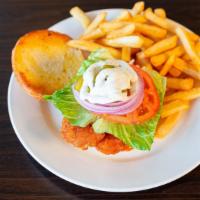 Buffalo Chicken · Buffalo chicken with tomatoes, red onions, pickles, buttermilk ranch dressing on a brioche b...