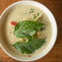 Green Curry · Spicy. Green curry and coconut milk with red pepper, string bean, bamboo shoot, eggplant, zu...