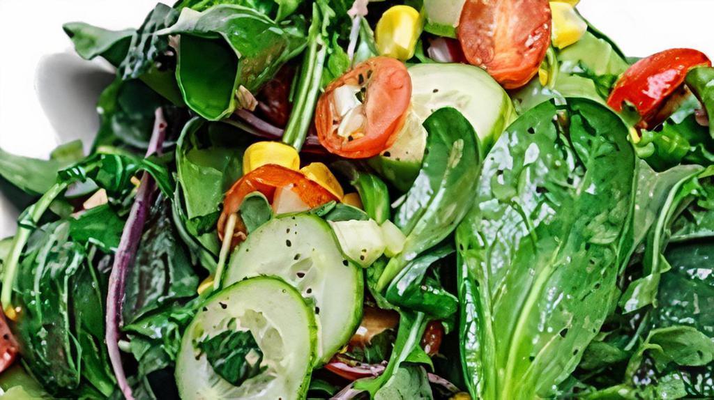 Palesa'S Garden In A Bowl · Vegetarian, vegan, gluten free. Organic. Mixed green salad, cucumber, mint, cherry tomatoes, red onions, sweet corn, and lemon dressing.