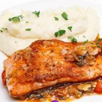 Rassida'S Salmon · Gluten free. Marinated grilled salmon in a white wine, lemon, red onions, and capers sauce s...