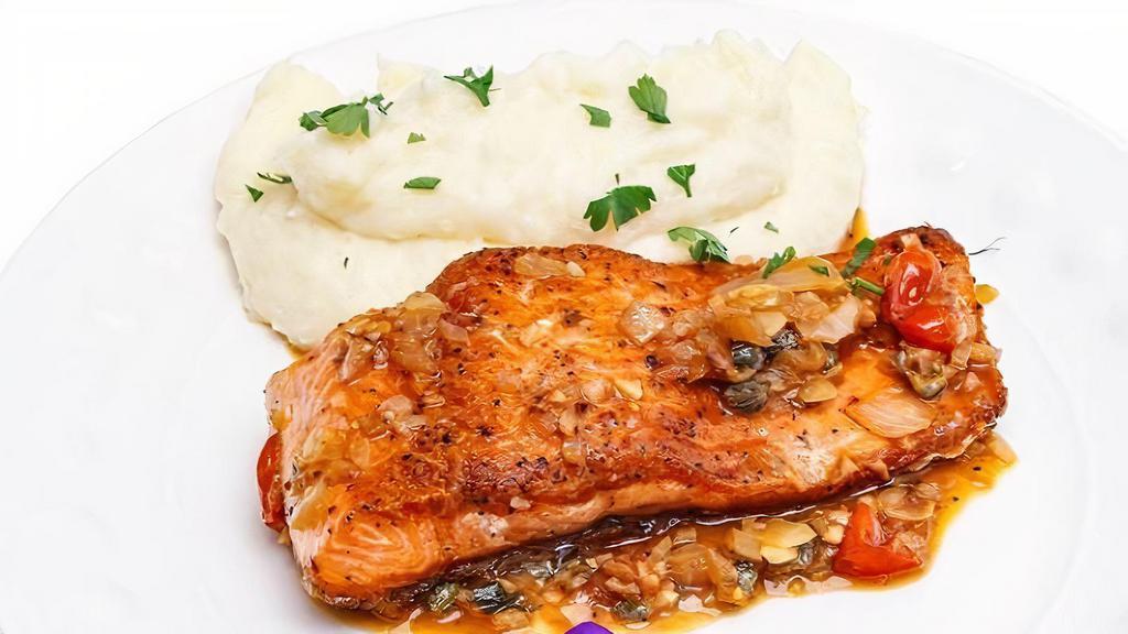 Rassida'S Salmon · Gluten free. Marinated grilled salmon in a white wine, lemon, red onions, and capers sauce served with cheesy mashed potato.