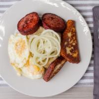 Mangu/Smashed Plantains · Served with two eggs, one cheese, two salami, and onions.