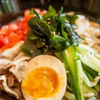 Cold Ramen Noodle · Bean sprouts, tomatoes, seaweed, cucumbers, and boiled egg with Sesame Vinaigrette dressing.