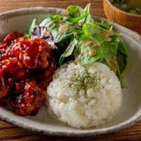 Chicken Chup · Juicy fried chicken sauteed with BBQ sauce. Served with rice and vegetables.