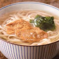 Kitsune Udon · Udon noodle soup in bonito dashi broth, topped with homemade seasoned fried tofu, wakame sea...