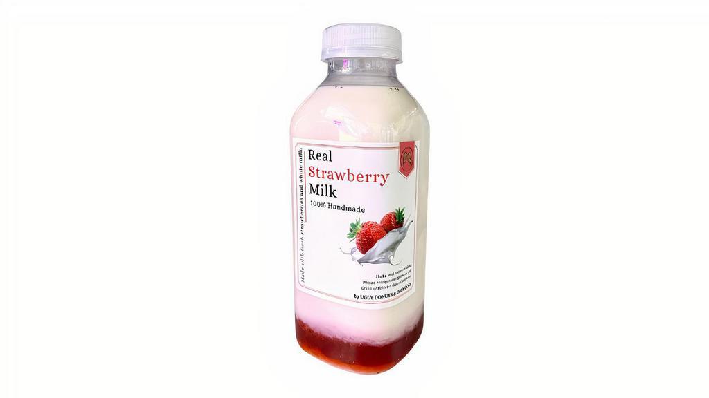 Real Strawberry Milk · Bottled strawberry milk made with homemade fresh strawberry syrup and whole milk