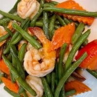 Tom Dau Que · Shrimp and string beans. Shrimp stir fried w/ string beans in a garlic soy sauce. (rice not ...