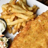 Salud Breaded Fish And Chips · House breaded and seasoned fish fillet served with fries, coleslaw, and remoulade dipping sa...