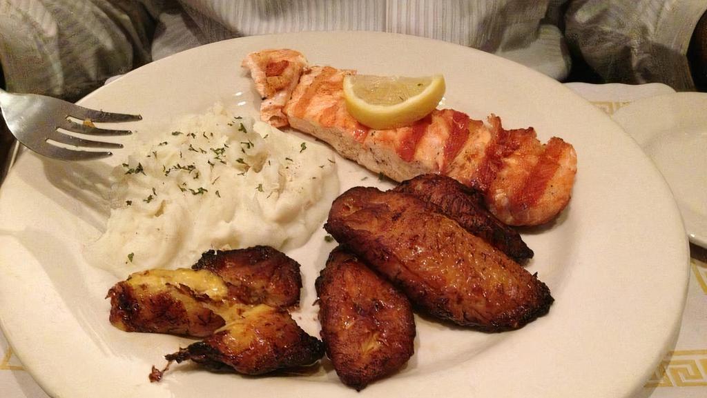 Salmon · Grilled, BBQ, blackened, jerked     Choose any 2 side orders.