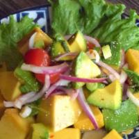 Mango Avocado Salad · spicy. mango, avocado, red onion, scallion, mint, tomato, roasted rice powder, chili powder,...