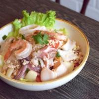Yum Woon Sen · spicy. jelly noodle, ground chicken shrimp, calamari, onion, scallion, tomato, peanut, sweet...