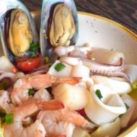 Seafood Salad · spicy. shrimp, calamari, New Zealand mussel, scallop, white onion, scallion, tomato, chili, ...