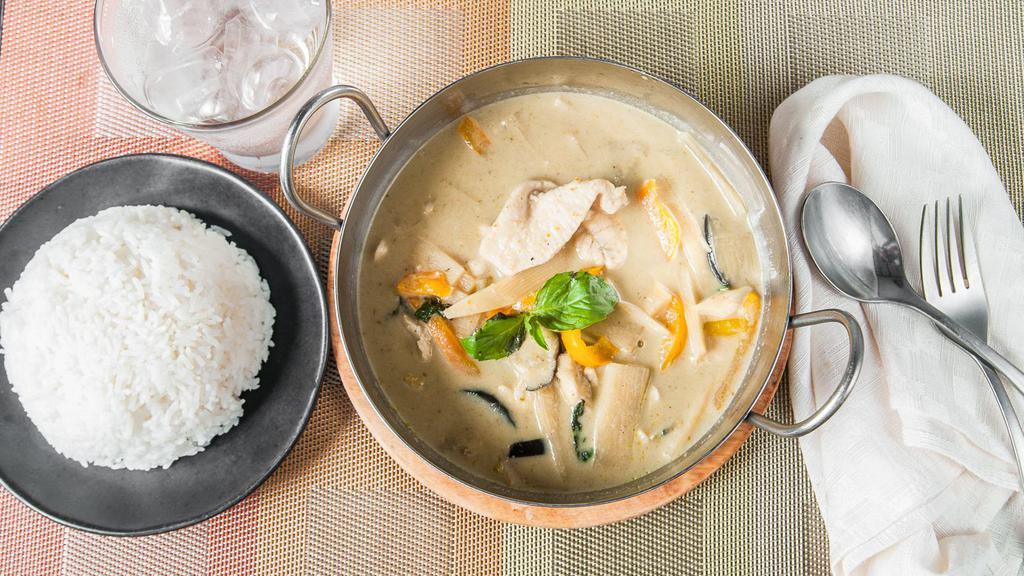 Green Curry · spicy. spicy red chili paste in creamy coconut milk with scent of thai herb, bamboo, bell peper, eggplant, basil