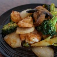 Shrimp With Broccoli · Jumbo shrimp and broccoli, stir fried in a tasty brown sauce.