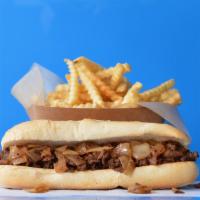 Fatties Steak Sandwich Combo · 8” Philly steak sandwich loaded with grilled steak and onions on a toasted Amoroso’s roll + ...