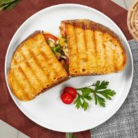 Italiano Grill Panini · Grilled chicken, fresh mozzarella, roasted peppers, and pesto sauce on toasted bread.