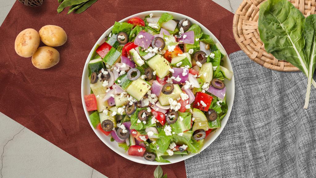 Greek Gains Salad · (Vegetarian) Romaine lettuce, cucumbers, tomatoes, red onions, olives, and feta cheese tossed with balsamic vinaigrette dressing.